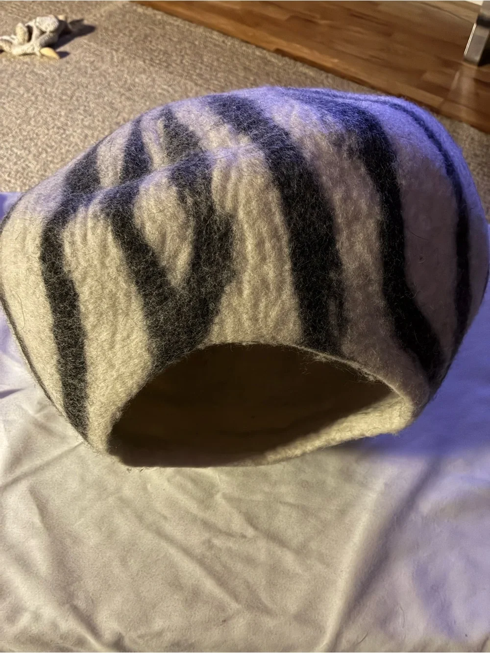 Plush Felted Cave Bed for Dogs - White & Gray Stripes Dog/  toy NoT Included :)